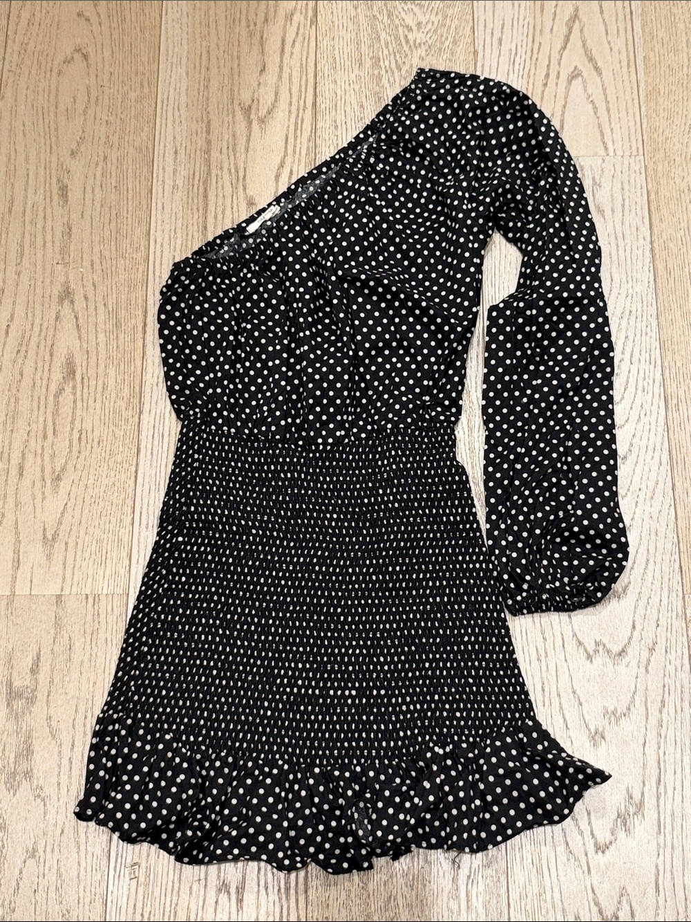 Tularosa One-Shoulder Black Polka Dot Smocked Mini Dress
